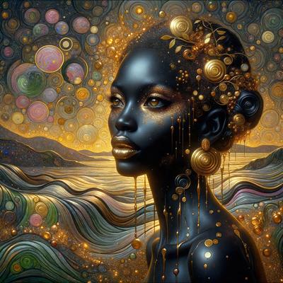 The primary subject of the image is a woman with a striking appearance. She is wearing gold and black makeup, and her hair is adorned with gold and black decorations. The setting is a beach, with a beautiful sunset in the background. The visual style of the image is a combination of digital art and illustration, creating a vibrant and captivating scene. The colors and mood of the image are warm and inviting, with the gold and black accents adding a touch of luxury and soph